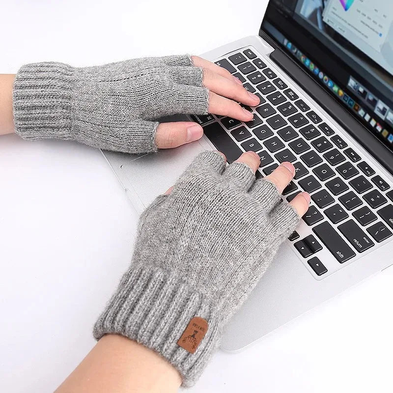 Winter Gloves for Men Half Finger Writting Office Cycling Knitted Gloves Students Alpaca Wool Warm Thick Elastic Driving Gloves