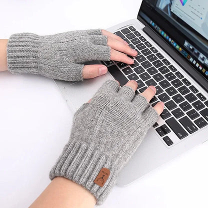 Winter Gloves for Men Half Finger Writting Office Cycling Knitted Gloves Students Alpaca Wool Warm Thick Elastic Driving Gloves
