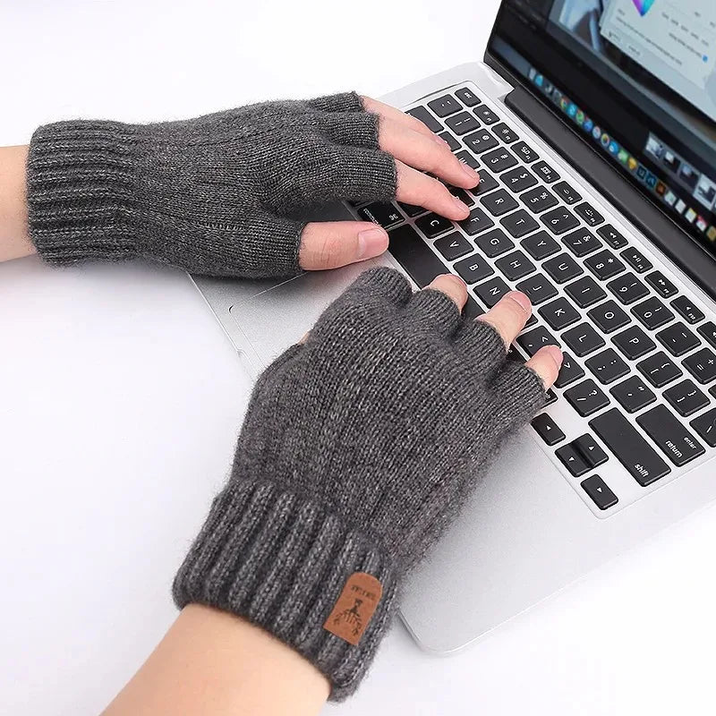 Winter Gloves for Men Half Finger Writting Office Cycling Knitted Gloves Students Alpaca Wool Warm Thick Elastic Driving Gloves