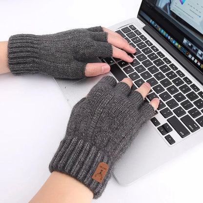 Winter Gloves for Men Half Finger Writting Office Cycling Knitted Gloves Students Alpaca Wool Warm Thick Elastic Driving Gloves