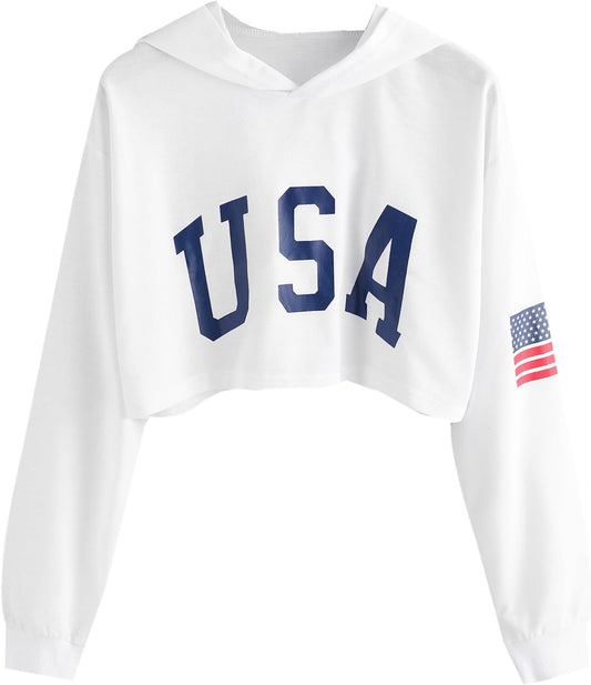 Women'S USA Shirt Casual Letter Print Long Sleeve Crop Top Sweatshirt Hoodies