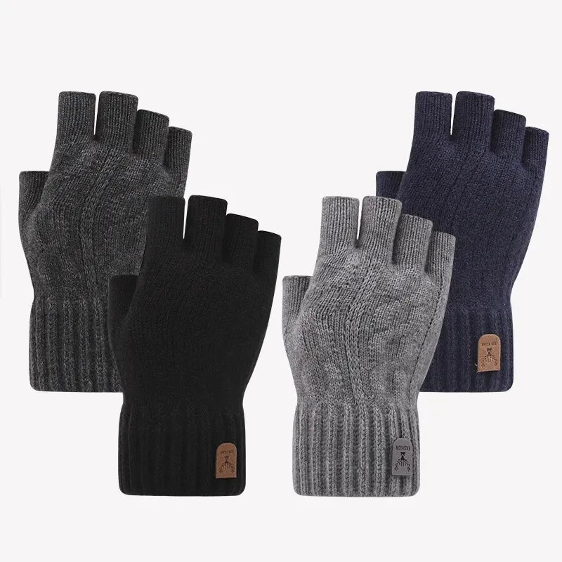 Winter Gloves for Men Half Finger Writting Office Cycling Knitted Gloves Students Alpaca Wool Warm Thick Elastic Driving Gloves