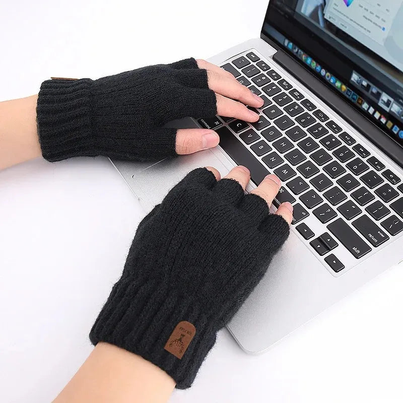 Winter Gloves for Men Half Finger Writting Office Cycling Knitted Gloves Students Alpaca Wool Warm Thick Elastic Driving Gloves