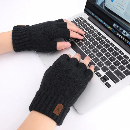 Winter Gloves for Men Half Finger Writting Office Cycling Knitted Gloves Students Alpaca Wool Warm Thick Elastic Driving Gloves